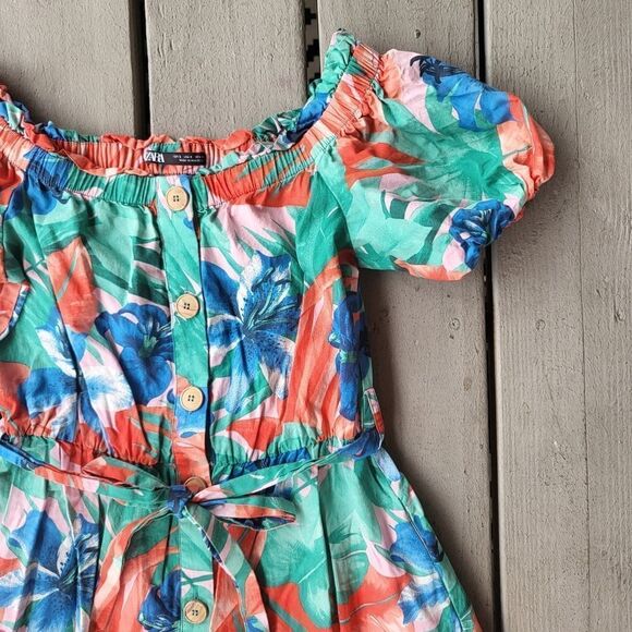 Zara Tropical Print Dress Off Shoulder Midi Length‎ A-line Green Orange Small - Picture 2 of 7